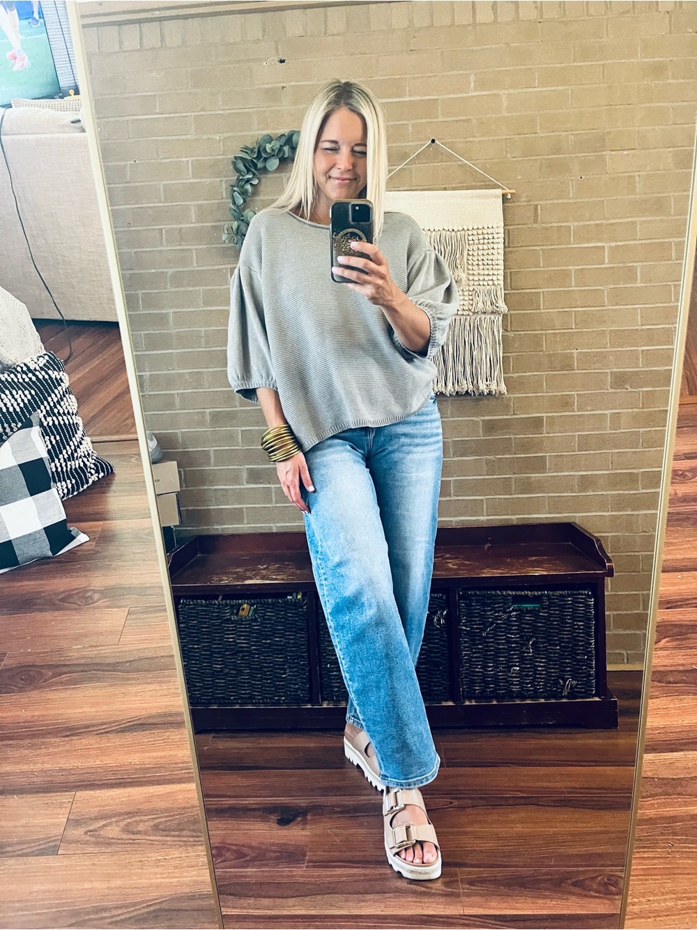 Wishlist Gray Puff Sleeve Knit Top